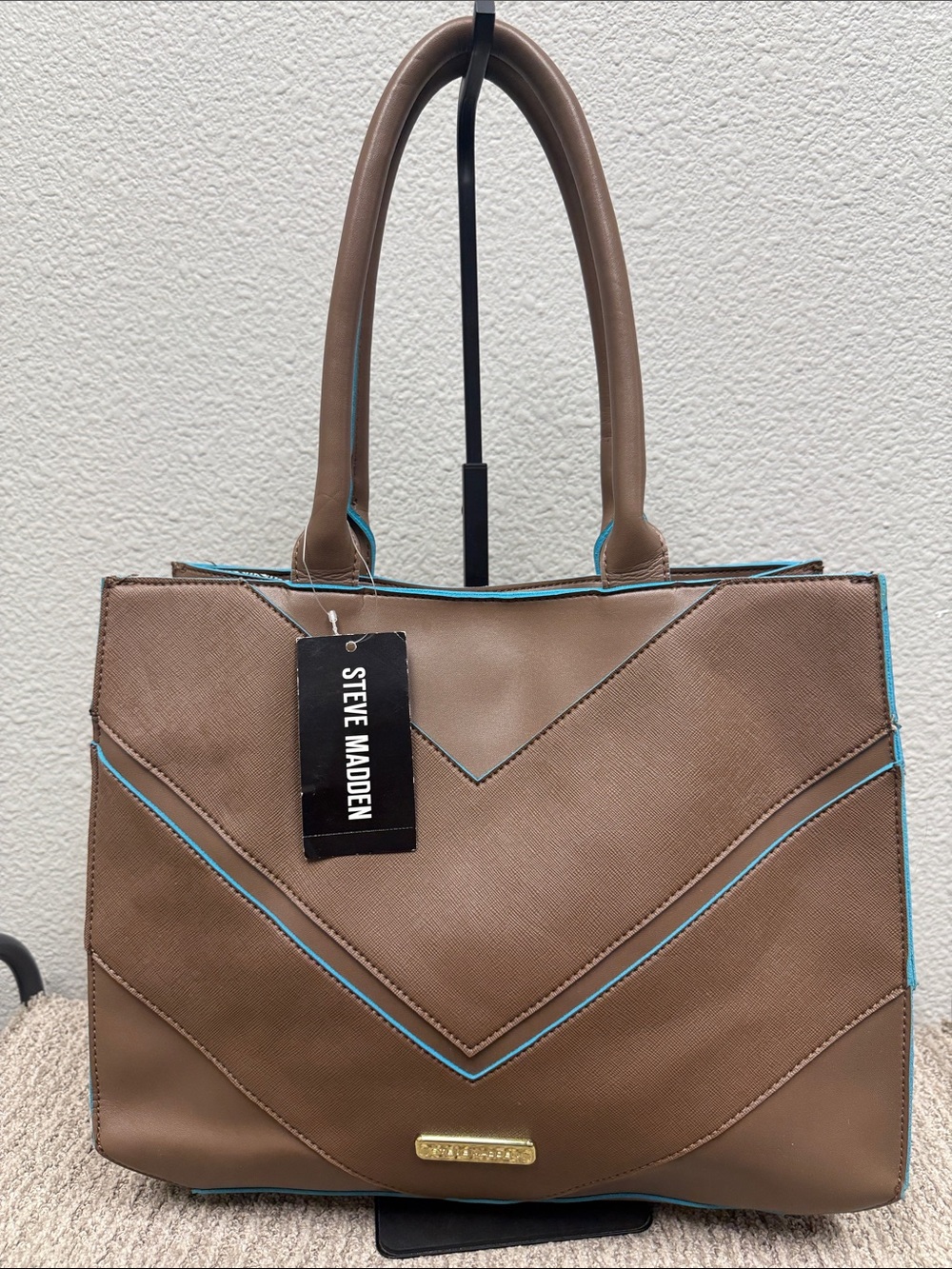 Vintage Y2K Steve Madden B Garrett Safiano Brown Chevron Tote with Teal Trim
